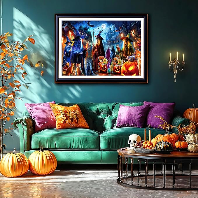 1000 Piece Puzzle for Adults, Halloween Witch Horror Haunted House Ghost Jigsaw Puzzles Witch's Magic with Cats Pumpkin for Halloween Decor & Holiday Party Gifts