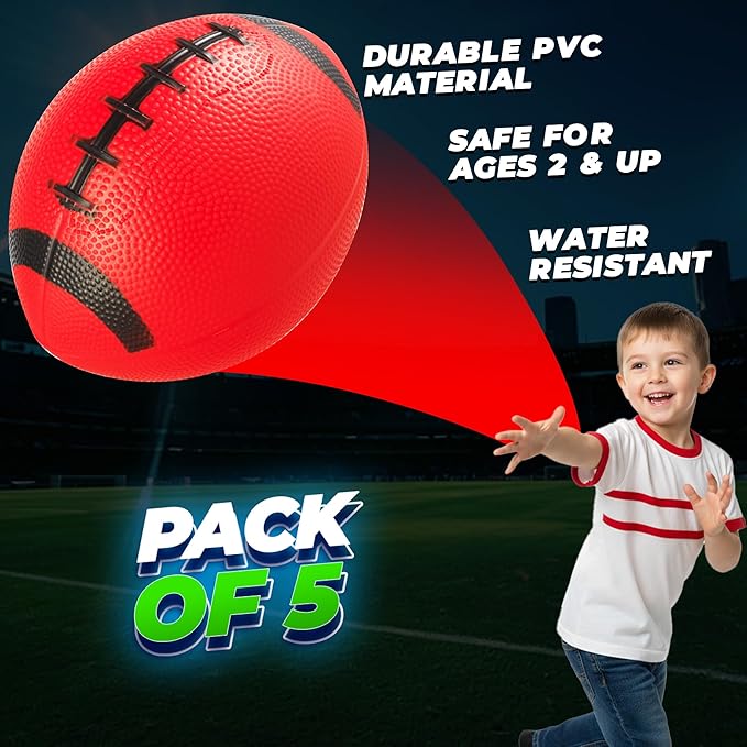 6-Inch Mini Footballs for Kids (Pack of 5) - Inflatable PVC Football Toys for Boys & Girls w/Hand Pump, Easy to Grip Small Sports Balls for Backyard, Recess, Party Favor, Indoor/Outdoor