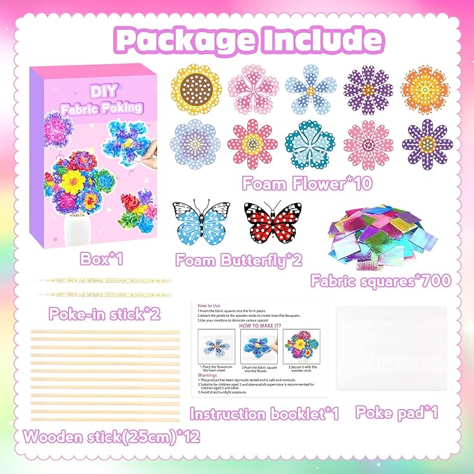 KIFHCMPR Poke in Fun Art Flower Bouquet Craft Kits for Kids,with 10 Flowers & 2 Butterflies,Arts and Crafts,Mess-Free Craft,DIY Art Activity Birthday Christmas Gifts Ideas for Girls & Boys Ages 4-10+