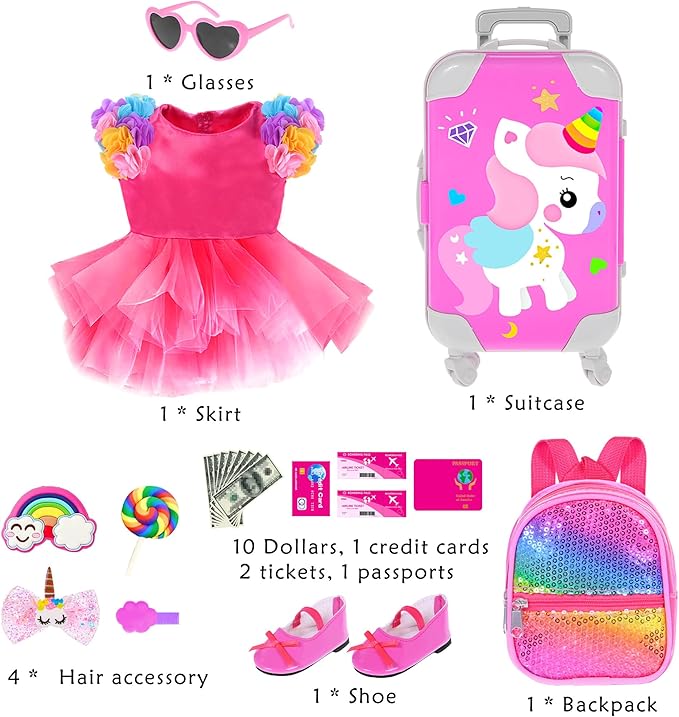 ebuddy 18 inch Doll Clothes and Accessories-Travel Suitcase Playset for 18 inch Dolls Flower Princess Dress with Backpack Luggage Include Shoes, Glasses and Ticket (No Doll)