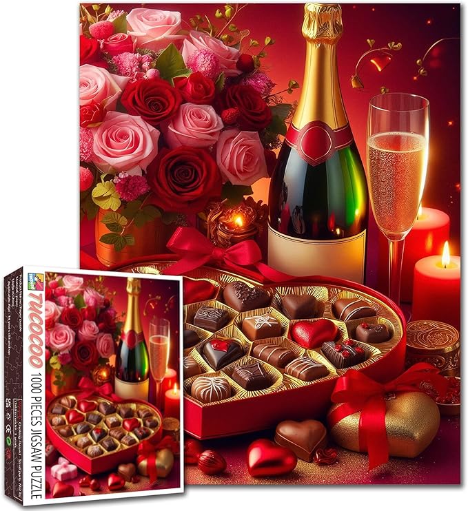 Valentine's Day Puzzle 1000 Pieces Puzzles for Adults,Chocolate Red Wine Jigsaw Puzzles for Challenging Family Activity Games DIY Puzzle for Home Wall Decor Gifts - 19.7 x 27.6 Inches