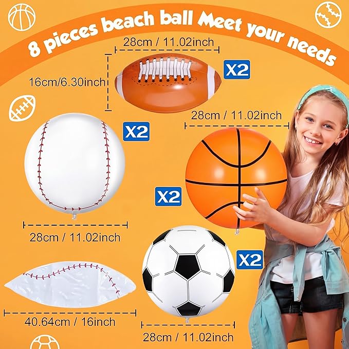 Sosation 8 Pcs Inflatable Sports Balls 16 Inch Inflatable Beach Ball Blow up 4 Styles Sports Party Decorations Balls of Swimming Pool Summer Pool Toys for Indoor Outdoor Beach