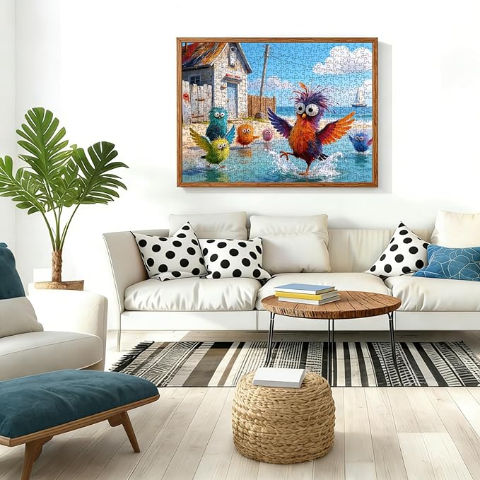 Beach Birds Puzzles for Adults 500 Pieces, Cute Cartoon Colorful Seabird Jigsaw Puzzle with Letters on Back, 21x15 Inch Family Game Night Puzzle, Fun Gift for Puzzle Lovers