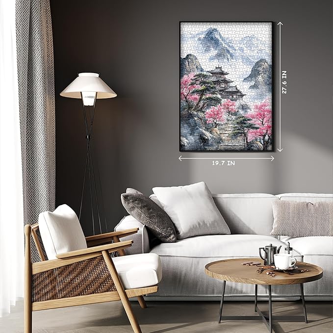 PICKFORU Landscape Puzzles 1000 Piece for Adults, Nature Mountain Scenic Puzzle with Cherry Blossom Tree, Vintage Flower Retro Scenery Unique Art Impossible Jigsaw Puzzle