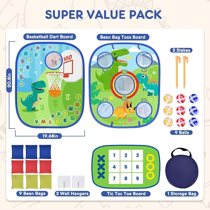 6-in-1 Dinosaur Bean Bag Toss Game - Outdoor Toys for Toddler 1-3, ABC Alphabet & Math Learning Active Play Toy - Indoor Backyard Party Game Beach Games