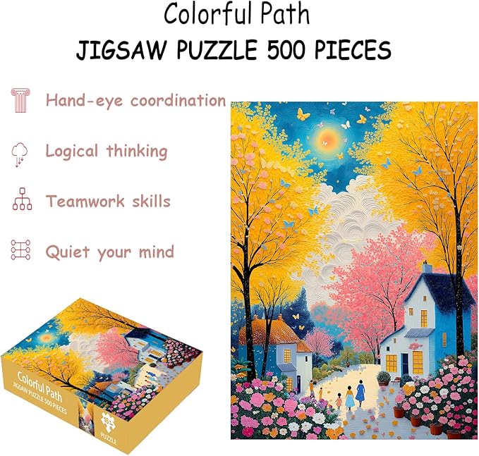 Puzzles for Adults 500 Pieces, Cherry Blossom Jigsaw Puzzles - Colorful Path, Impossible Colorful Wall Art Puzzle for Seniors Families, 20.47x14.96 Inches, 1:1 Poster, Letter On The Back