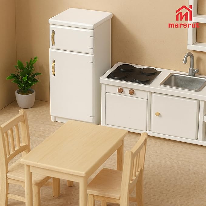 1/12 Scale Dollhouse Refrigerator Miniature Fridge Kitchen Furniture Wooden Doll House Mini Accessories Living Room Dining Decoration Modern Playhouse Decor Prop Model, White (2.4x2.1 x5.2inch)