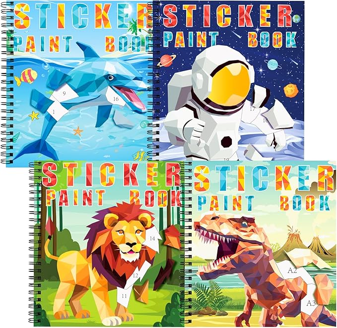 homicozy 4PCS Sticker Paint Books for Kids Ages 4-10,Dinosaur Astronaut Ocean Animals Designs Paint By Stickers,Sticker By Numbers,Party Birthday Gifts for Boys 4-10,Create 40 Pictures At a Time