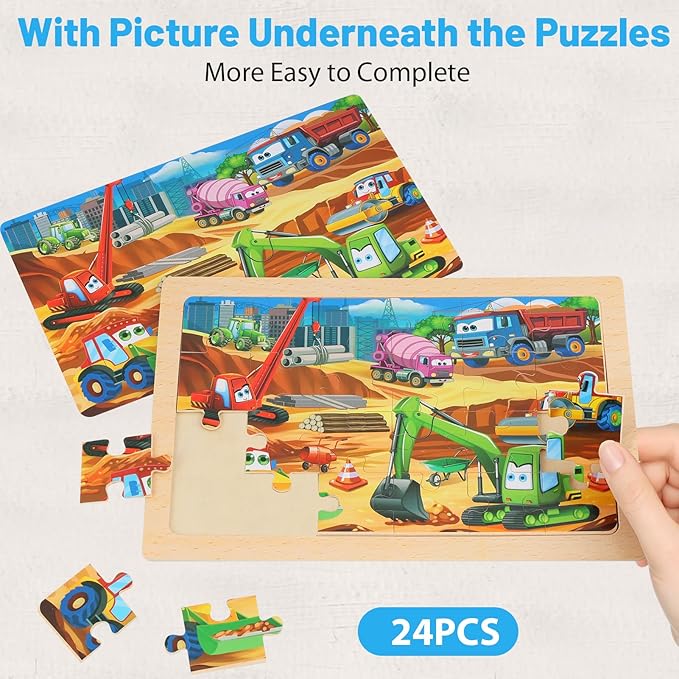 Puzzles for Kids Ages 4-6 – 24-Piece Toddler Puzzles Set (4 Packs) – Construction & Vehicle Learning Activity Toys for Boys & Girls, Perfect Preschool Wooden Puzzles for Toddlers 3-5