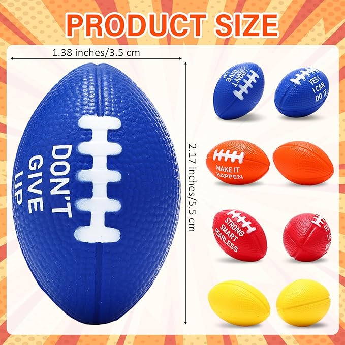 Realspring 72 Packs Mini Football Sports Stress Ball 2.17" Inspiration Foam Footballs Stress Relief Balls with Motivational Quotes for Football Themed Party Favors Anxiety Relief Relaxation