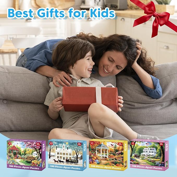 4 Pack 100 Piece Puzzles for Seniors, Four Seasons Jigsaw Puzzles for Elderly Large Piece Puzzle for Adults & Kids Ages 4-6 6-8 8-10, Easy Beginner Puzzle Family Educational Toy Gift