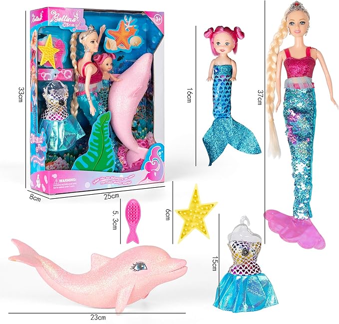 Yellow River Mermaid Princess Doll with Little Mermaid and Pink Dolphin Playset, Blonde Hair Mermaid Toys with Accessories, Gift for 3 to 7 Year Old Girls