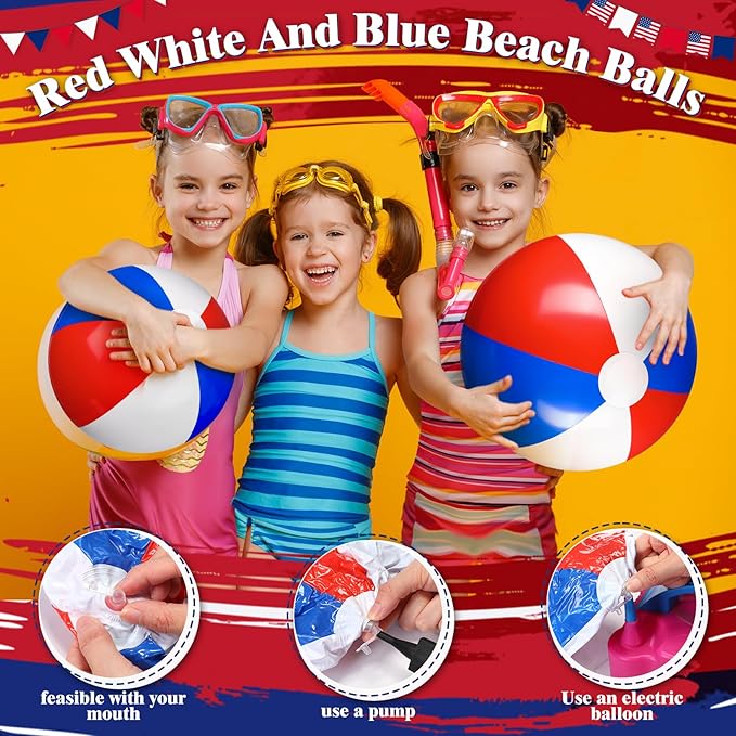 Sratte 20 Pcs Inflatable Beach Balls Bulk, Multiple Sizes Summer Swimming Pool Balls for Adults Hawaii Luau Party Supplies(Red, Blue, White,Classic)