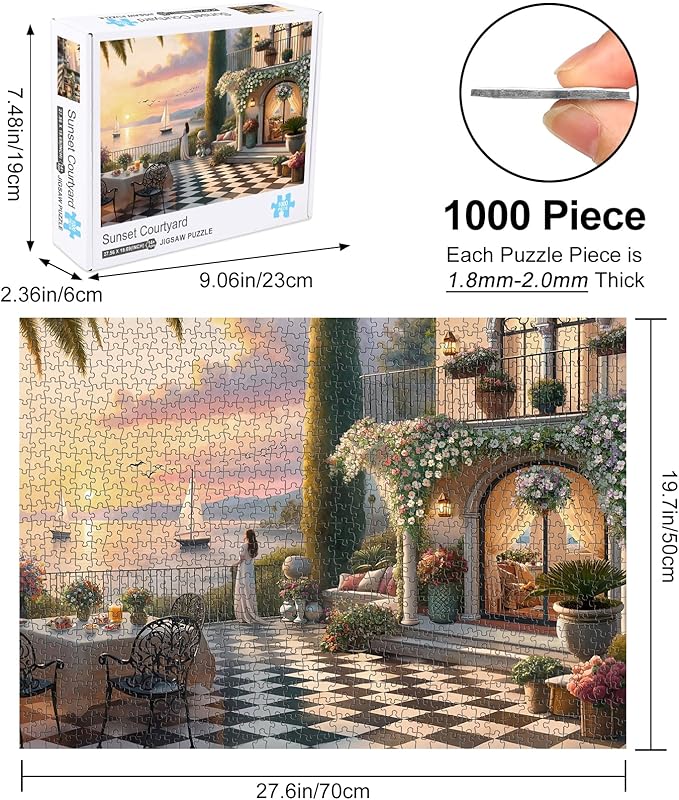 Puzzles for Adults 1000 Pieces, Rocorose Sunset Courtyard Puzzle Sea Landscape Challenging Family Puzzles for Gift Game Night Fun Activity Christmas Home Decor