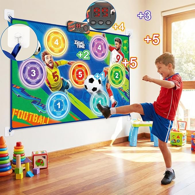 Electronic Scoring Soccer Toy Game Mat Set for Kids, Indoor Outdoor Toss Soccer Target Game with Real-Time Score, 2 Soft Soccer & Goal, Birthday Gifts for 3-5/6-8/8-12 Years Old Boys Girls