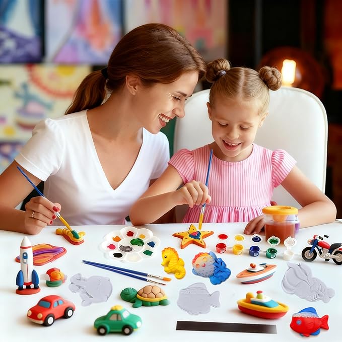 GloomGlo Kids Ocean Theme Paint Set - 24 Sea Creatures Plaster Painting Kit with Paint Colors, Brushes & Palettes | Kids Arts Crafts Supplies