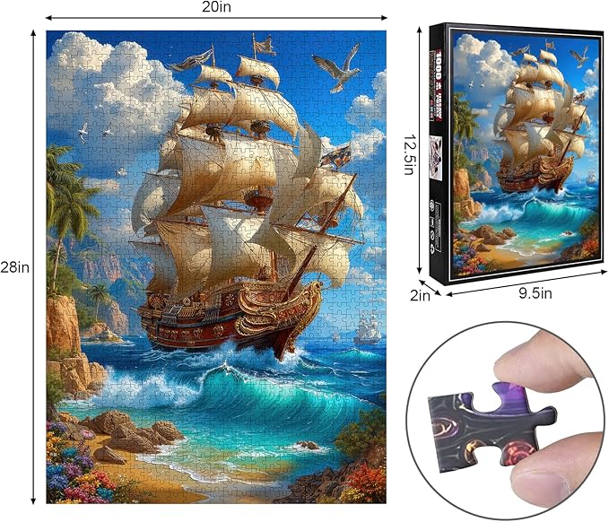 Golden Galleon Sailing Ship Jigsaw Puzzle for Adults 1000 Pieces - Tropical Island Coast Adventure Scene, 28”x20” Panoramic, Lettered Back, Premium Nautical Home Decor & Pirate Gift