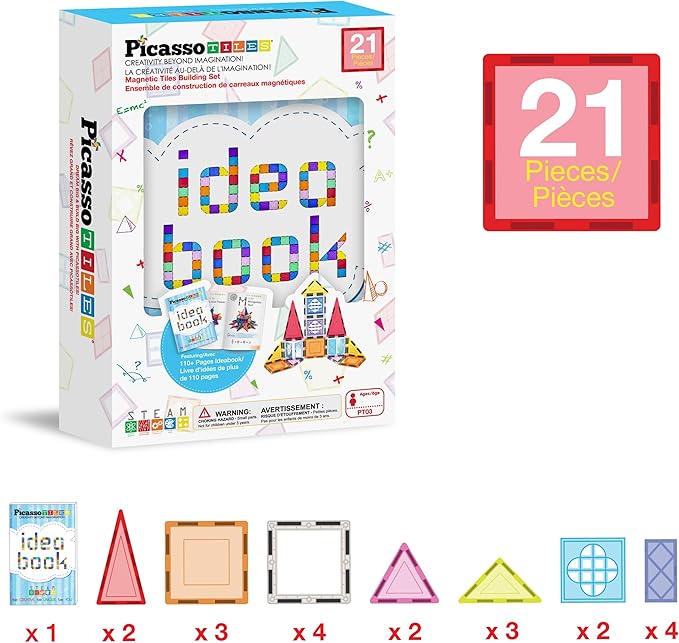 PicassoTiles Magnetic Tiles Magnet Toys Building Blocks Construction Set with 110+ Pages IdeaBook STEM Learning Playset Toddlers Educational Fun Play Kids Boys Girls Sensory Toys Ages 3+ PT03
