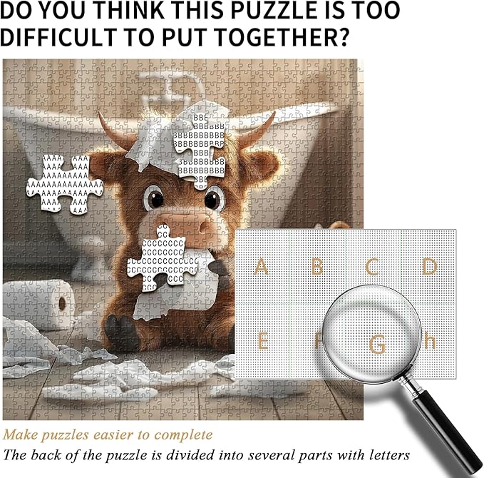 Highland Cow Puzzles for Adults 1000 Pieces,Cute Cow Jigsaw Puzzle, Funny Bathroom Calf Puzzles, Challenging Animal Theme as Wall Decor