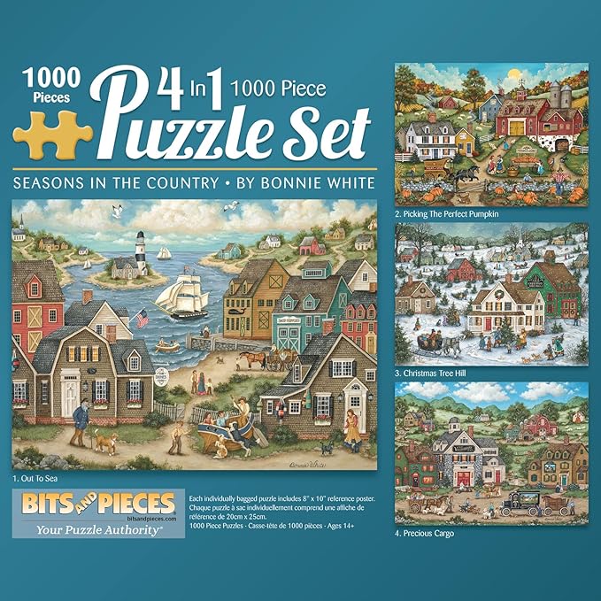 Bits and Pieces – 4-in-1 Jigsaw Puzzle Multi-Pack for Adults – Seasons in The Country Collection by Bonnie White – Unique Random Die-Cut Pieces (Four 1000 Piece Puzzles 20" x 27")