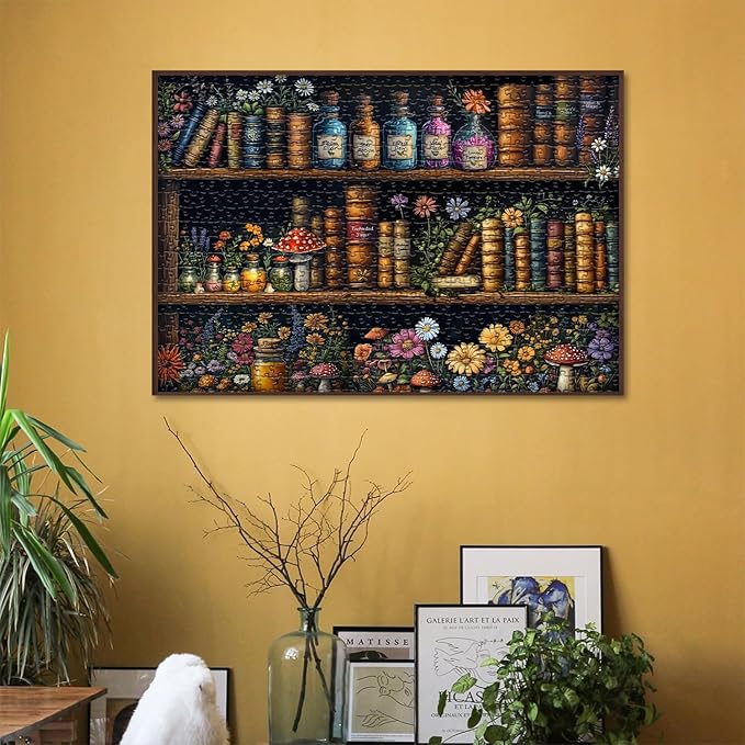 Magic Bookshelf Puzzles for Adults 1000 Pieces, Vintage Book Wildflower Pages Jigsaw Puzzle 1000 Pieces, Plant Floral Potion Mushroom Puzzle, Retro Challenging Hard Puzzle for Book Lovers