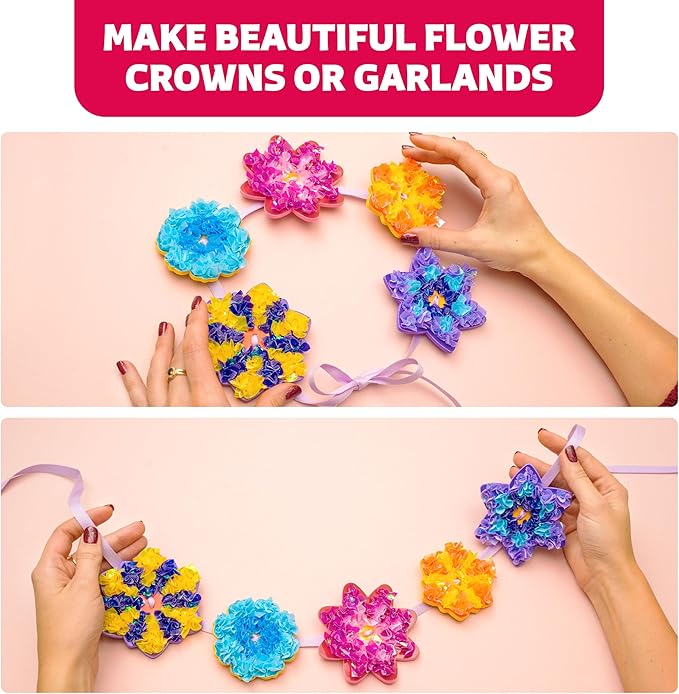 Poke-In Craft Flower Crowns Kit for Kids Ages 4-9 – Mess-Free Poke It Art Set with 15 Foam Flowers & 1000+ Fabric Squares for Girls, Boys & Toddlers –Chidrens Punch Craft & Tufting Kit for 4 Year Old+