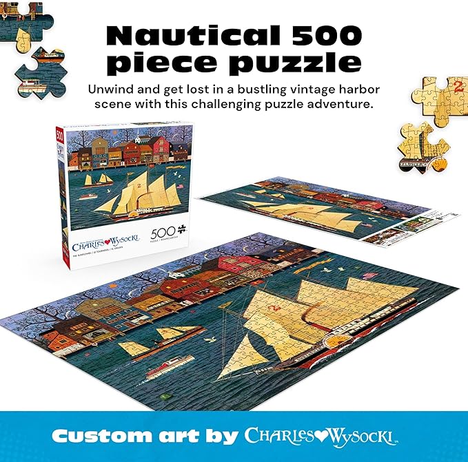 Buffalo Games Charles Wysocki The Sunflower 500 Piece Jigsaw Puzzle for Adults – Classic Nautical Harbor Scene with Large Reference Poster
