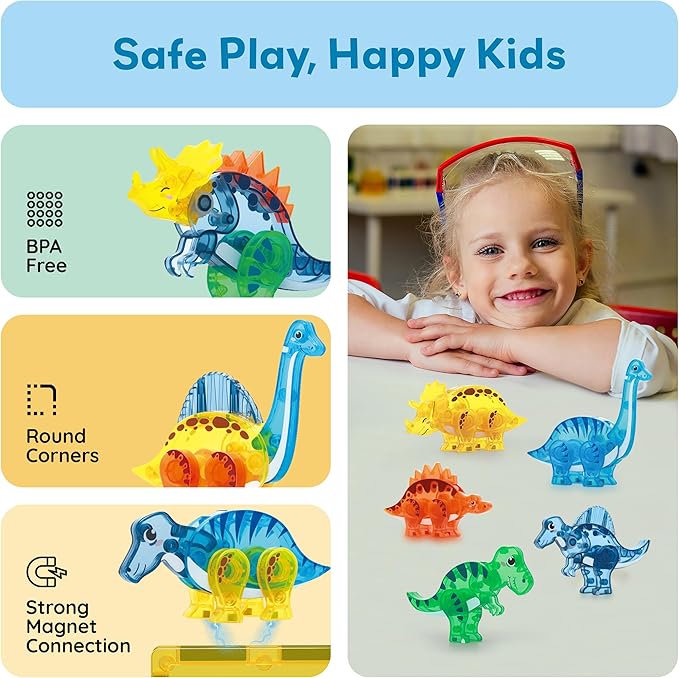 PicassoTiles Dinosaur Magnetic Tiles Accessory Set Mix and Match Dino Figure Parts for STEM Magnet Tile Construction Building Blocks Sets Creative Pretend Play Educational Toy for Kids Ages 3+ PTA28