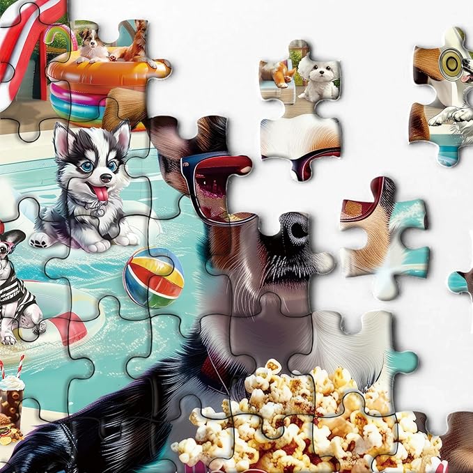 Dog Summer Puzzle for Adults 1000 Piece, Funny Puppy Animal Jigsaw Puzzles, Food Party Puzzles