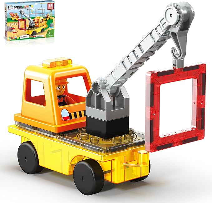 PicassoTiles Magnet Tile Building Blocks 3-in-1 Crane, Dump Truck, and Ladder Construction Vehicle Brick Compatible Magnetic Tiles Toy Set with Car Base Character Action STEM Learning Kit Age 3+ PTU03