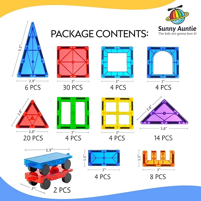 Magnetic Tiles 100 PCS with 2 Cars – Magnetic Building Tiles STEM Toy for Kids Ages 3-8, Magnet Construction Set for Boys & Girls