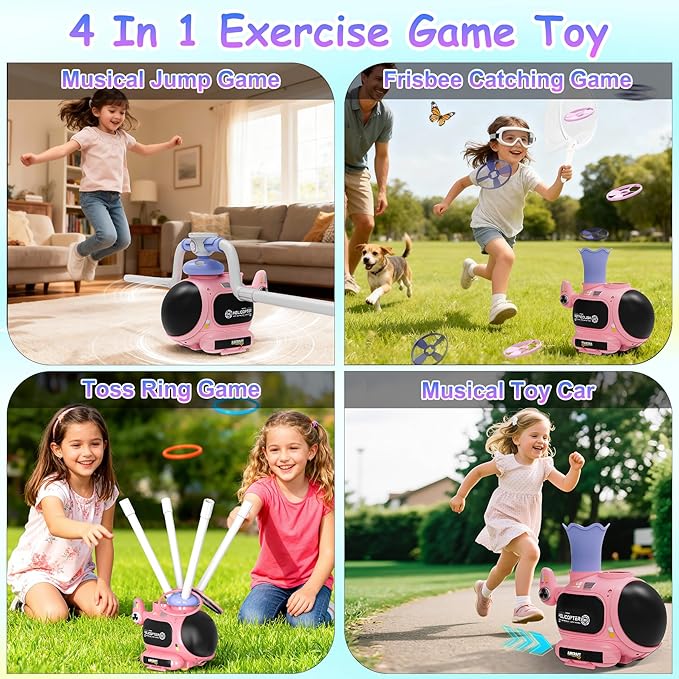4-in-1 Music Jumping Toy Car,Dual Rotating Poles for Jumping & Dodging,Auto Flying Disc Launcher with Catching Net,Spinning Pole for Ring Toss,Kids outdoor toys,Games for Kids Boys and Girls (Pink)