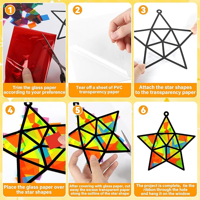 QOUBAI 32 Sets Stars Suncatchers Craft Back to School DIY Stained Glass Window Patriotic 4th of July Paper Craft Home School Classroom Decor Kid Birthday Gift Creative Art Activity Game