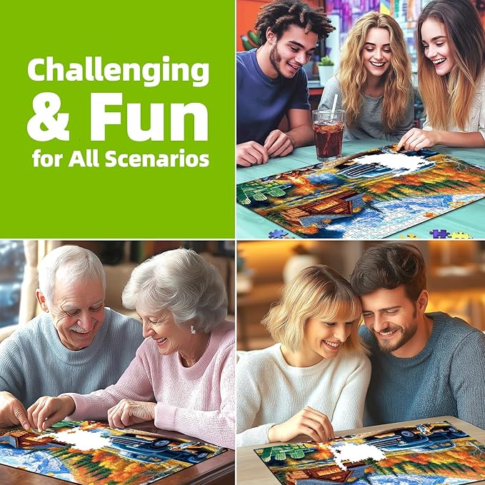 500 Pieces Jigsaw Puzzles for Adults, Mountain Wooden House with Vintage Truck, Campfire & Lake Landscape Puzzles for Party Game Family Decoration Gifts, Finished Size 23" x 15"
