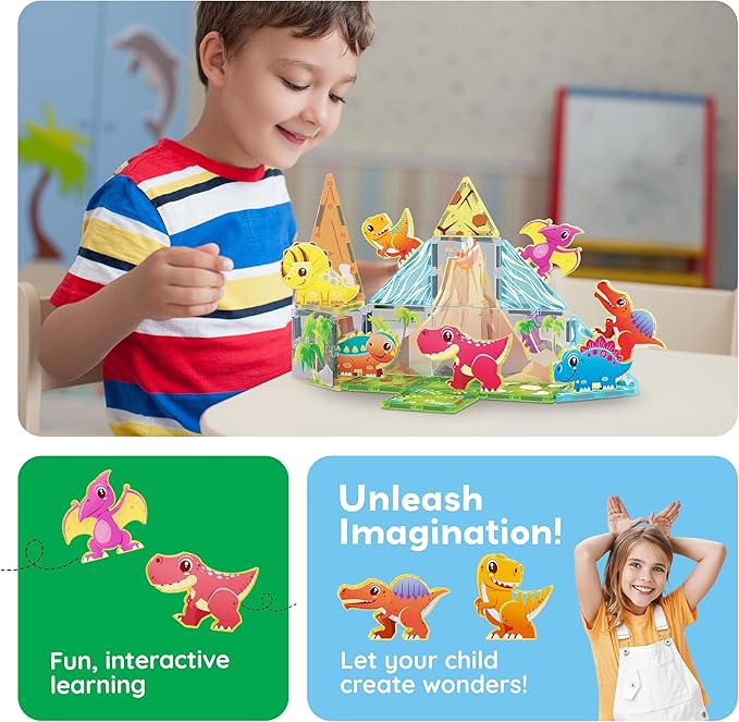 PicassoTiles Dinosaur Toys Magnet Tiles Building Blocks 8 Magnetized Action Figures Compatible Magnetic Construction Build and Play Tile Accessory Toy STEAM Educational Learning Toys Kids Ages 3+