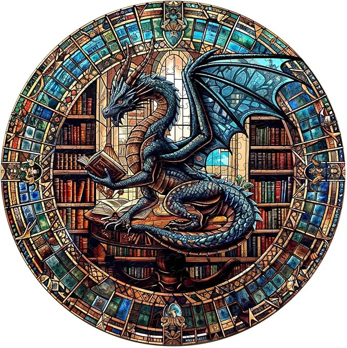 Wooden Puzzles for Adults - The Dragon's Library Wooden Puzzle, Unique Shape Wood Jigsaw Puzzle for Adults, Wood Puzzles Adult, Dragon Gifts for Family, Wall Art Home Decor (100pcs 8.5 * 8.5in S)