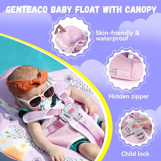 Mambobaby Baby Swim Float with Canopy Non-Inflatable Infant Pool Float with Tail 3-24 Months Avoid Flip Solid Skin-Friendly Material for Toddler Boys Girls