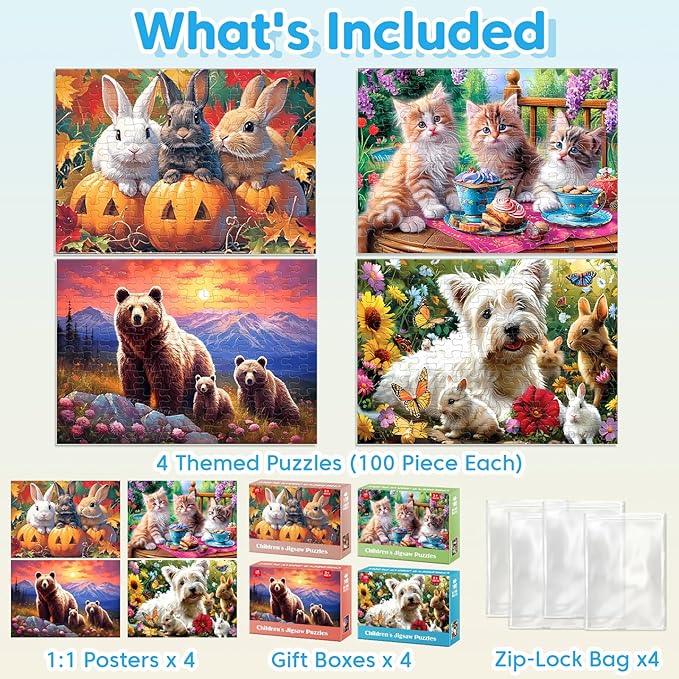 Jeacirio 4 Packs 100 Piece Puzzles for Kids Ages 4-6 - Lovely Animals Large Piece Jigsaw Puzzles for Seniors Educational Toys Gifts Kids Puzzle for 4 5 6 7 8 9 Year Olds Boys Girls