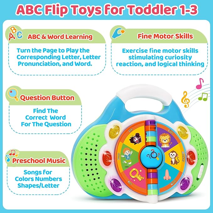 KIZZYEA Montessori Learning Toys for 1 2 3 Year Old Boys Girls, Musical Alphabet Flip Toy for Toddlers, Preschool Educational Toys with Light & Sounds, Christmas Birthday Gifts for Baby Kids