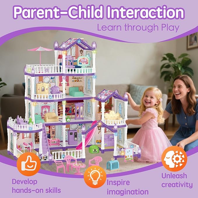 Villa Toy House for Girls, 4 Stories 10 Rooms Villa Playhouse with Princesses Slide Accessories, Lights, Furniture, stairs, DIY pretend toddlers playset kit for 3 4 5 6 7 8 9 10 Year Old Kids (purple)