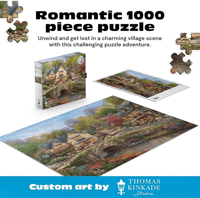 Buffalo Games Thomas Kinkade Summer in Cobblestone Village 1000 Piece Puzzle – Silver Select Premium Jigsaw Puzzle with Foil Accents & Reference Poster