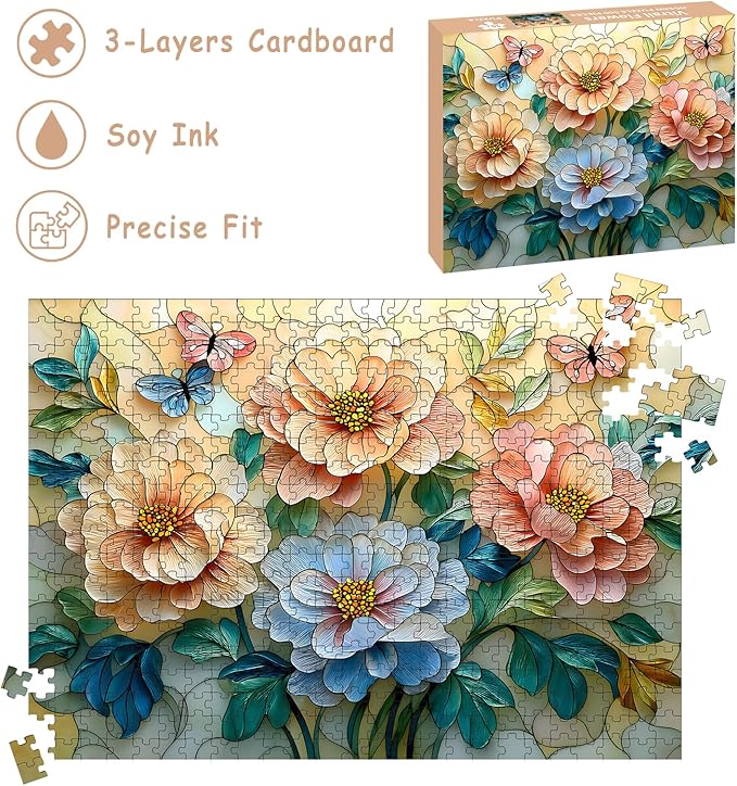 Puzzles for Adults 500 Pieces, Stained Glass Jigsaw Puzzles - Vitrail Flowers, Impossible Flower Puzzles for Seniors Family, 20.47x14.96 inches, 1:1 Poster, Letter on The Back