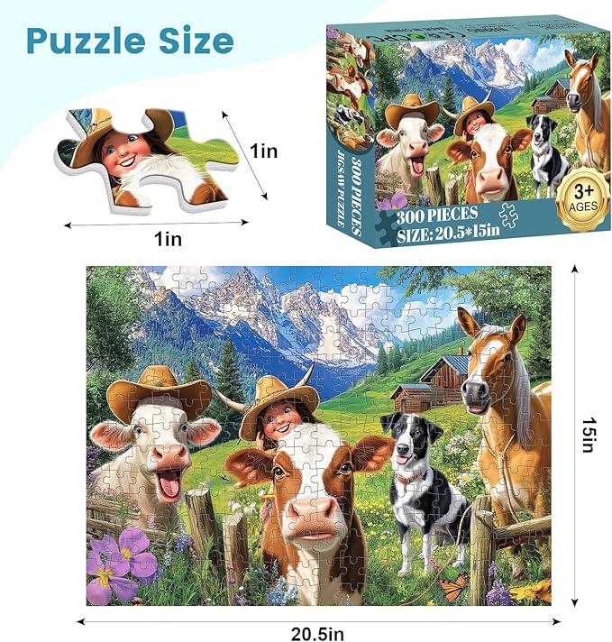 300 Pieces Puzzle for Adults-Pasture Horse Jigsaw Puzzle-Farm Cow Puzzles for Kids Ages 8-10-Animal Pet Lover Challenging Puzzles for Friends Family Activity Game Nights Gifts-20.5x15IN