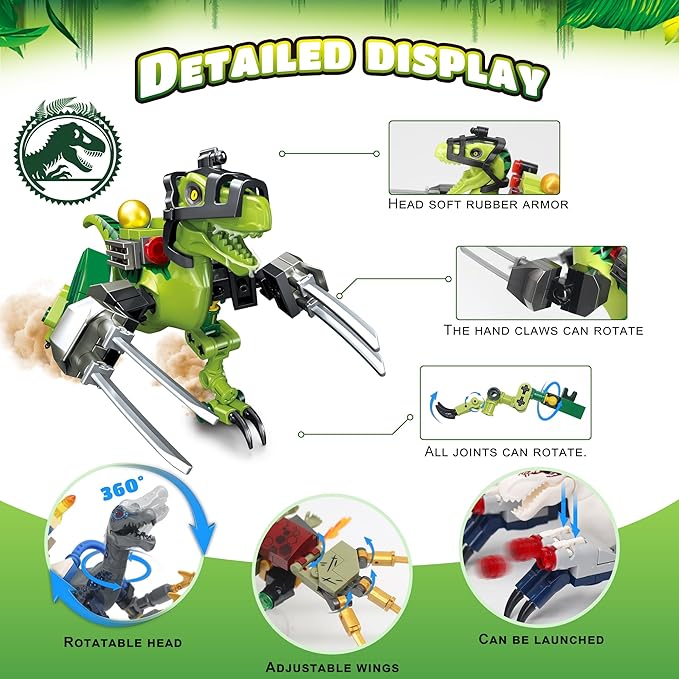 700 Piece Dinosaur Building Set - 8 Battle Dinosaurs with Launchable Weapons, Compatible Building Blocks, STEM Educational Toy for Kids Ages 8-14