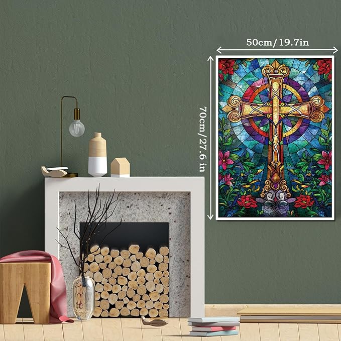Stained Glass Cross Puzzles for Adults 1000 Pieces, Mosaic Christian Religious Jigsaw Puzzles, Flower Jesus Crucifixion Puzzles