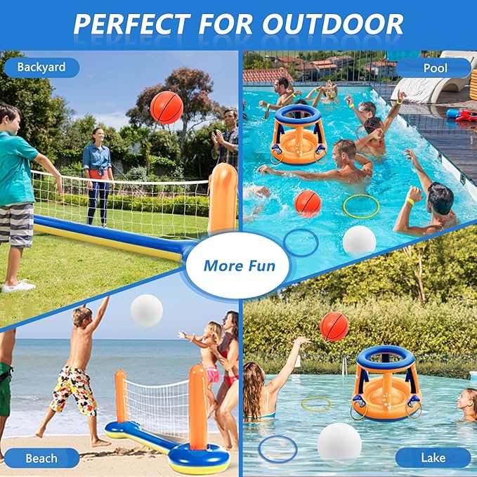 Jasonwell Pool Toys Games Set - 3 in 1 Pool Volleyball Net Basketball Hoop Ring Toss Game Inflatable Floats Water Floating Volleyball Swimming Pools Games Party Gift for Kids Adults (Orange&Blue, L)