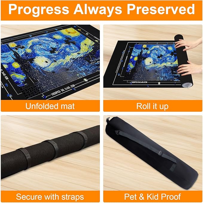 Large Puzzle Roll Up Mat with 8 Sorting Trays & Air Pump System, 46x26 Inch Portable Puzzle Storage Mat for 500 to 1500 Piece Puzzles, Includes Storage Bag