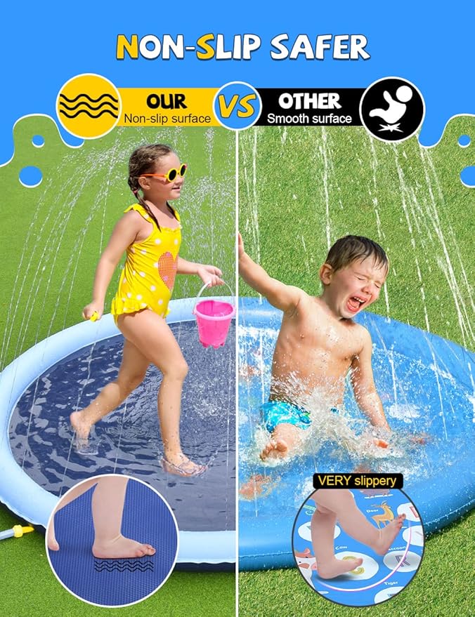 VISTOP Non-Slip Splash Pad for Kids and Dog, Thicken Sprinkler Pool Summer Outdoor Water Toys - Fun Backyard Fountain Play Mat for Baby Girls Boys Children or Pet Dog (107 inch, Blue&Blue)