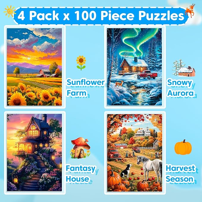 4 Packs 100 Piece Puzzles for Adults, 4 Themed Large Piece Puzzles for Seniors Jigsaw Puzzles for Kids Ages 6-8 8-10 Learning Educational Toys for Boys and Girls