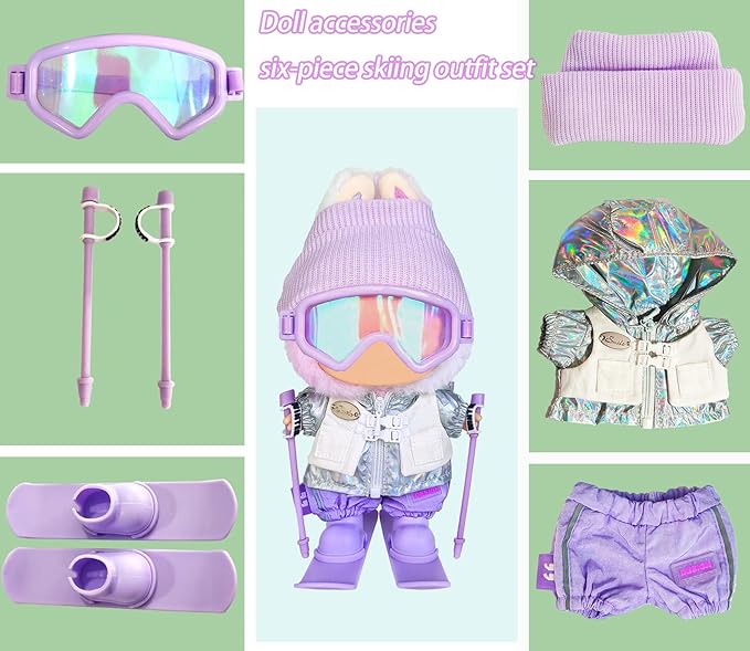 17cm Doll Clothes and Accessories Set for Lububu- Winter Snow Sports-Themed Ski Outfits with Hat, Jacket, Pants, Mini Poles, Goggles & Skiing Board, Designer Clothing for Macaron Doll(Purple)